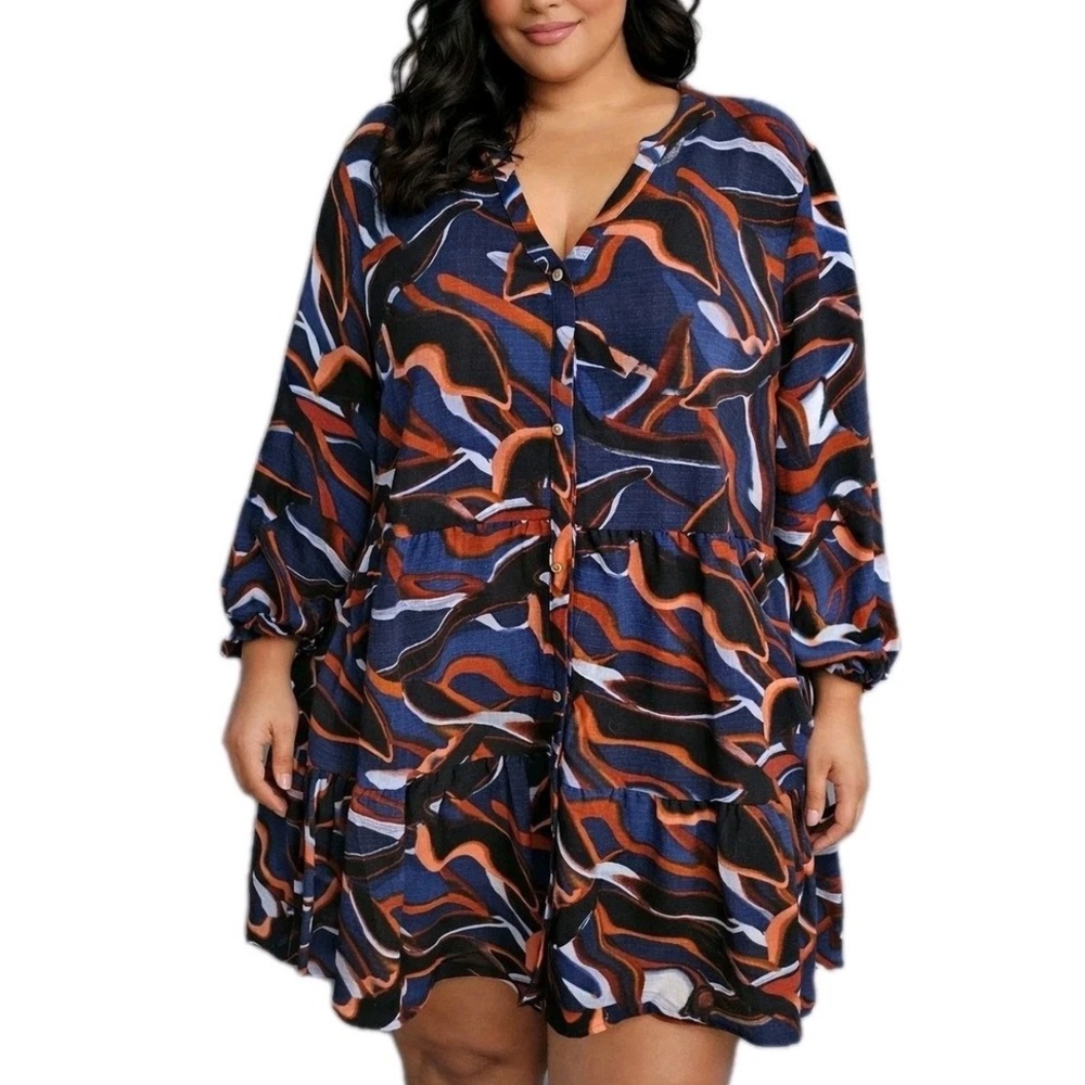 Nine West‎ Multicolor Abstract Print Long Sleeved Mini Dress. Size Large.